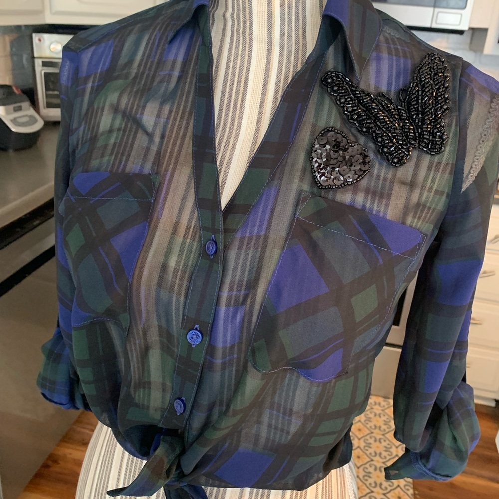 Express sheer green and blue plaid button up shirt with heart beaded appliqués.
